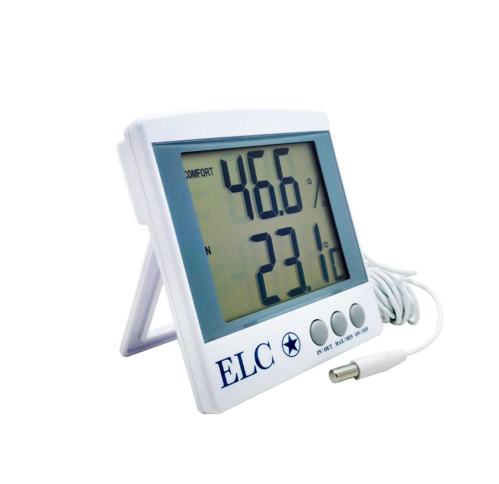Digital digital thermometer with a large LCD display showing numeric readings and a coiled cord attached to a probe on the side.