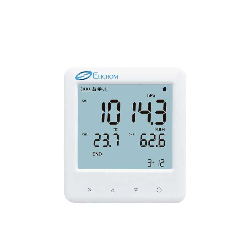 Barotermohigrómetro Barómetro - ELICROM Digital environmental monitor displaying air pressure 1014.3 hPa, temperature 23.7°C, humidity 62.6%, and time 3:12 (Elcrom device)