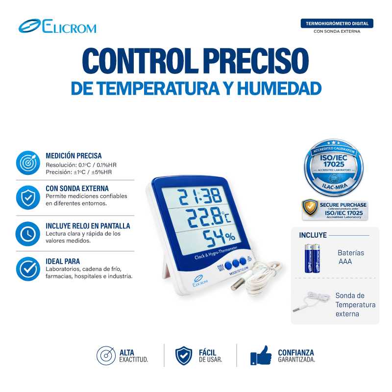 Termohigrómetro con sonda externa y reloj - ELICROM